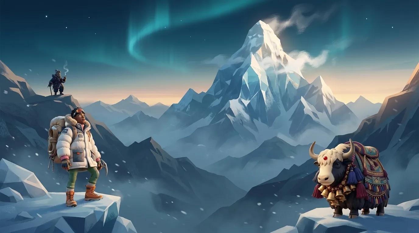 Satori, the Climber, and Jack the Yak on a sunlit dawn ridge