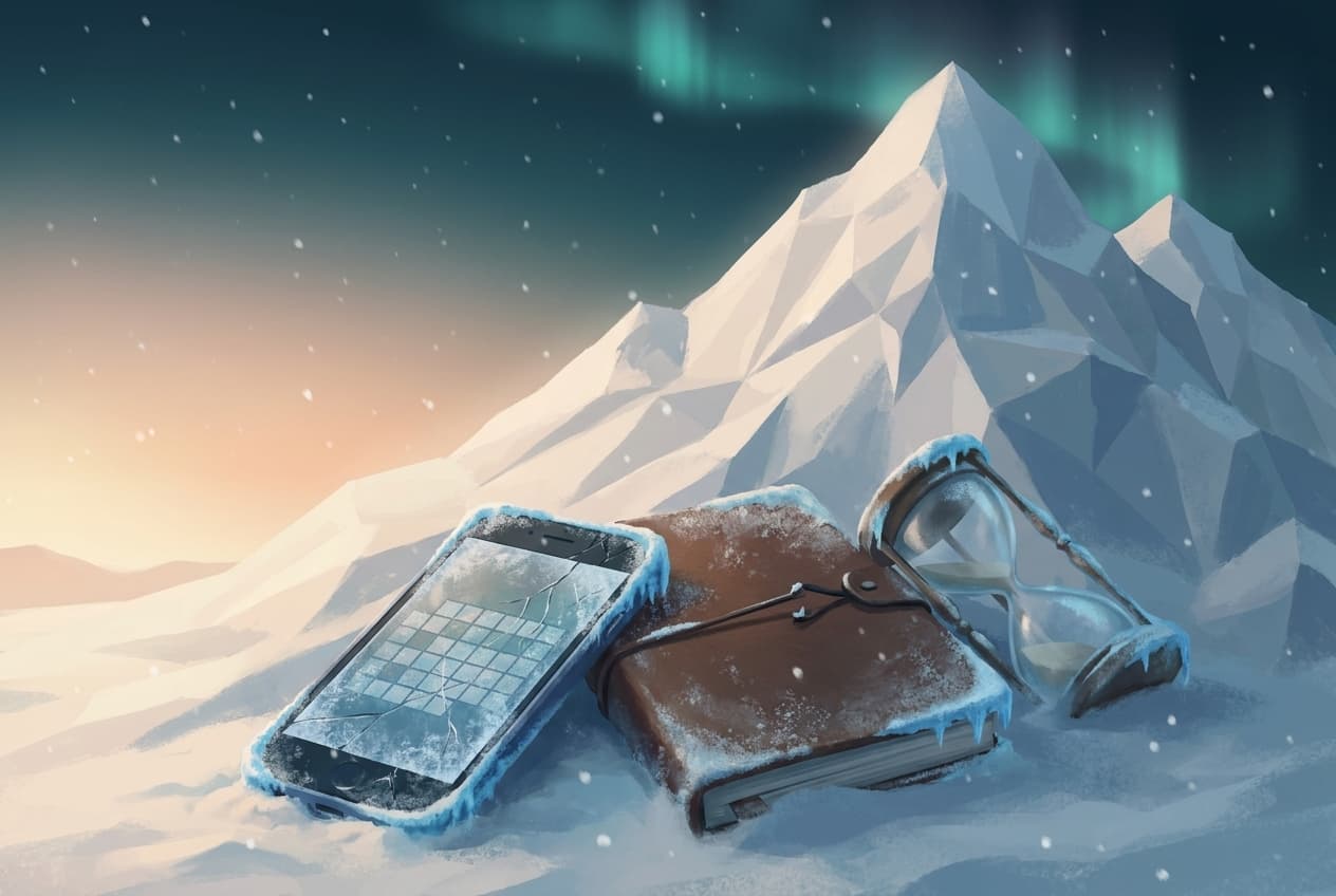 A cracked phone, a closed journal, and a tipped hourglass frozen in the snow — the abandoned tools of quitting